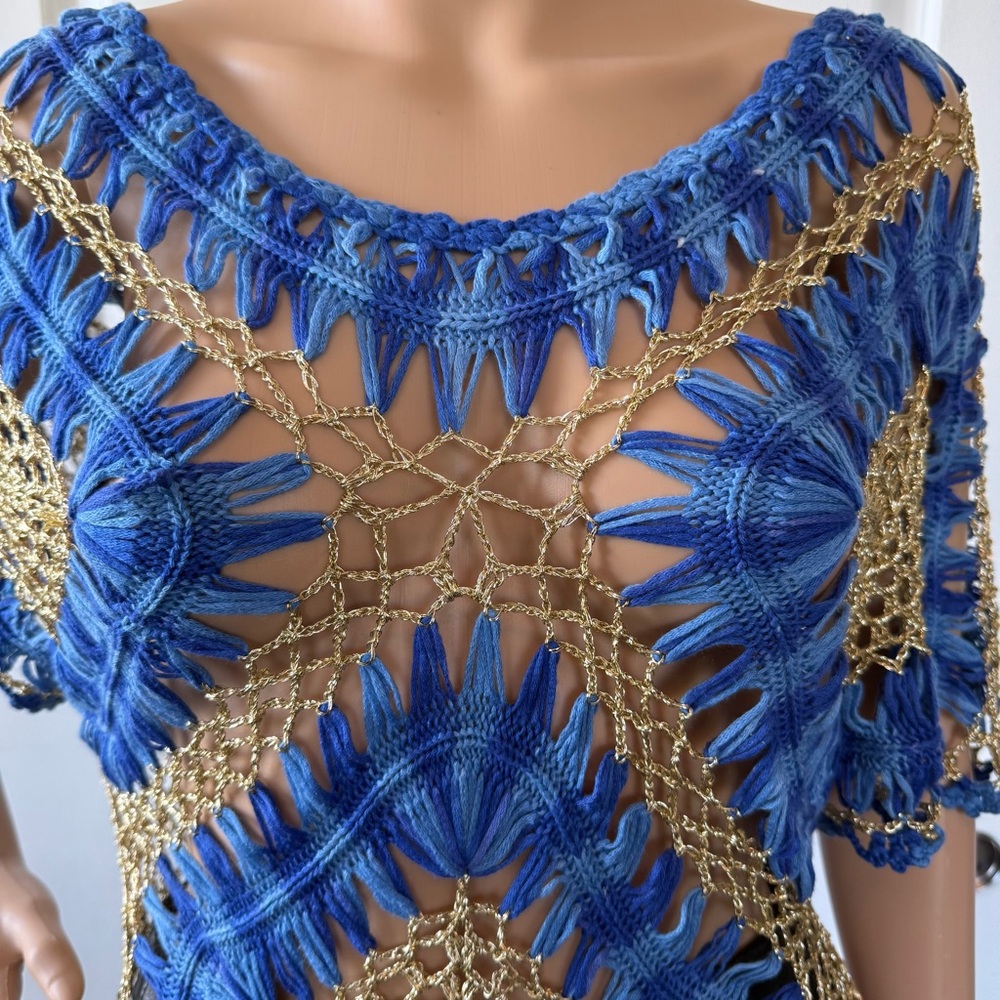 Velzera 💙💛 vibrant cobalt blue and gold sheer Knit Design sweater top S M